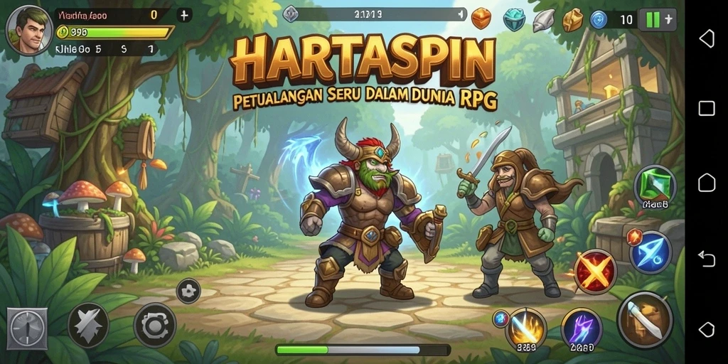 Screenshot gameplay HARTASPIN menampilkan pertarungan epik di dunia RPG.