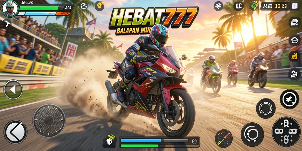 Screenshot utama HEBAT777 menampilkan aksi balapan motor yang mendebarkan.