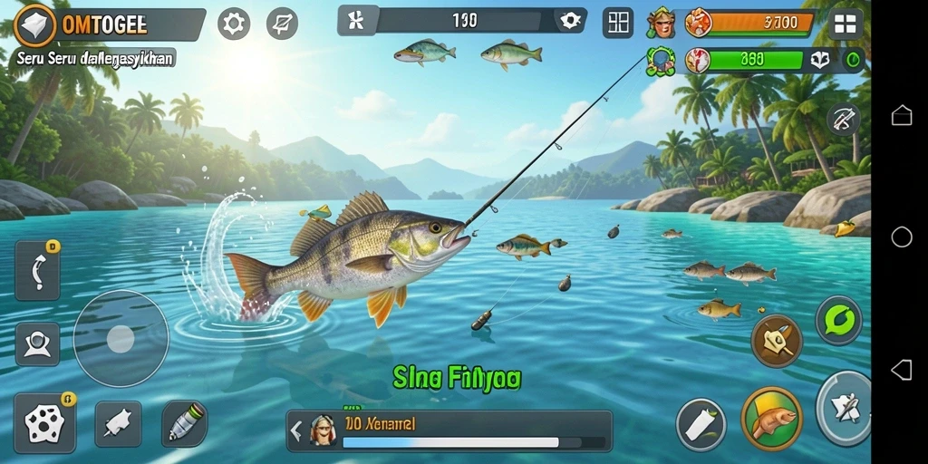 Tampilan gameplay seru dalam OMTOGEL saat menangkap ikan.