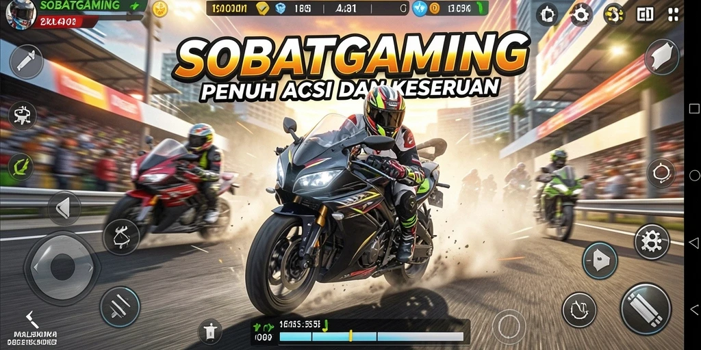 Tampilan balapan mendebarkan di SOBATGAMING dengan motor yang melaju kencang.